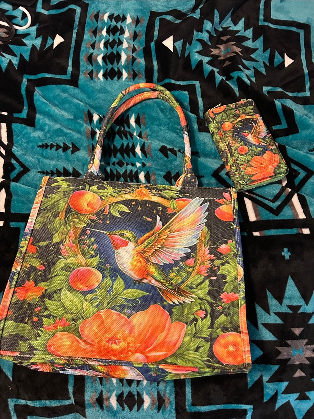 Floral Hummingbird Tote Bag in Black and Orange